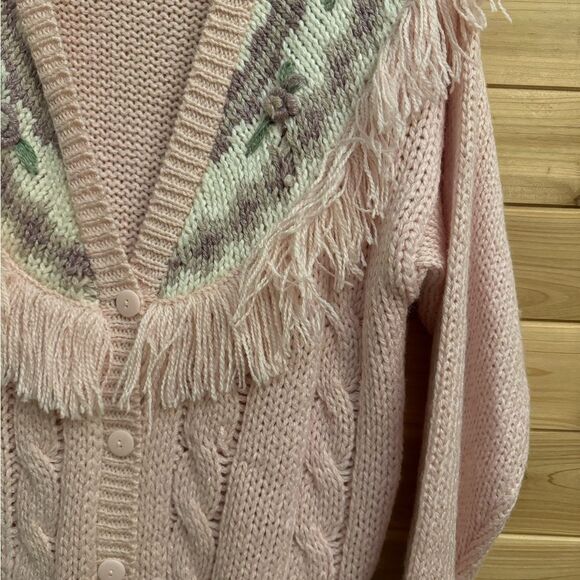 Vintage Diversity Size Large Coquette Girl Floral Fringe Baby Pink Cardigan - Picture 3 of 13